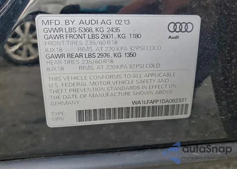2013 Audi Q5 Premium Plus from USA, damaged, VIN WA1LFAFP1DA062331